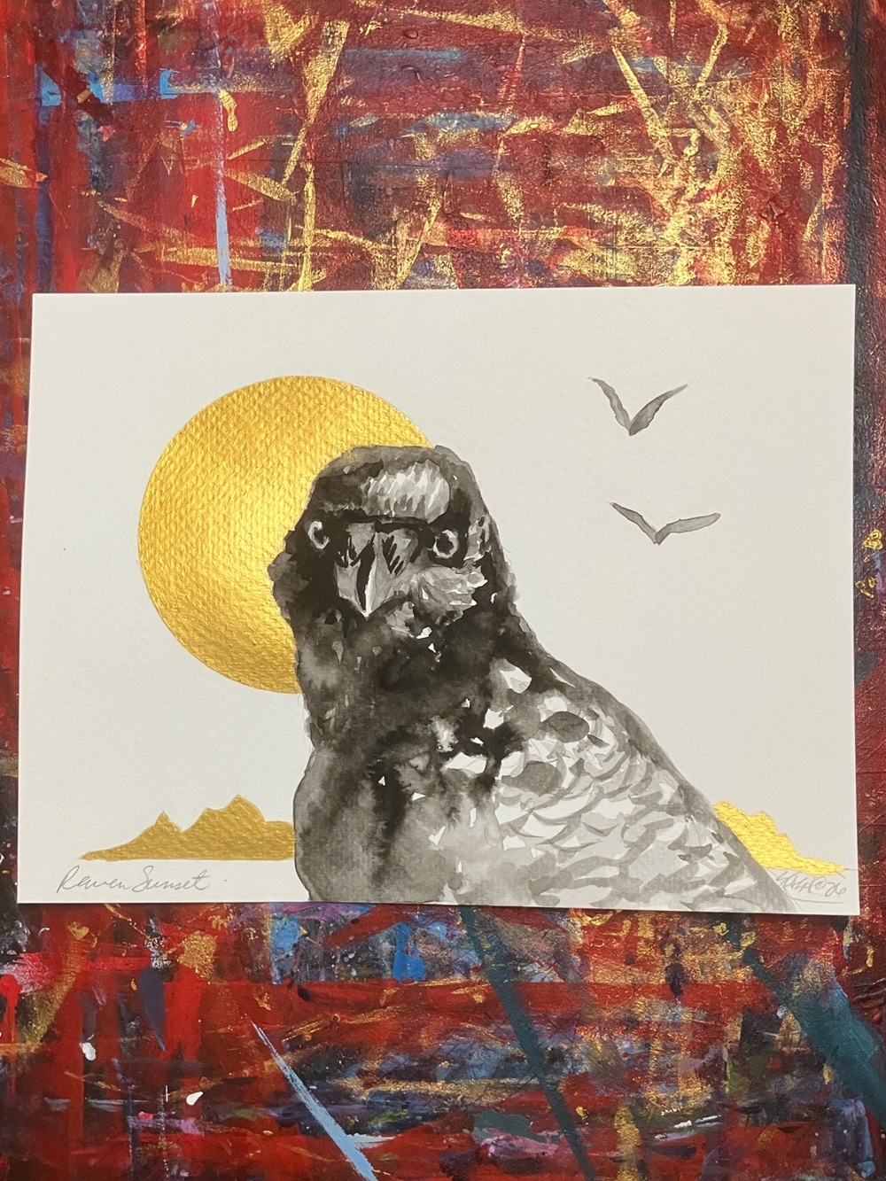 ORIGINAL raven crow painting bird art sunset gold accent sumi-e ink artwork USA